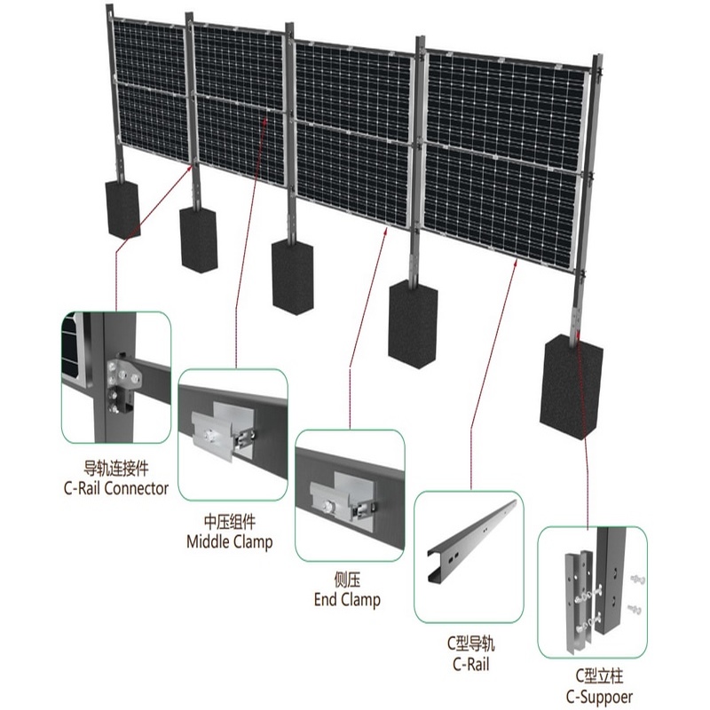 地面垂直结构太阳能垂直双面围栏光伏电站安装系统